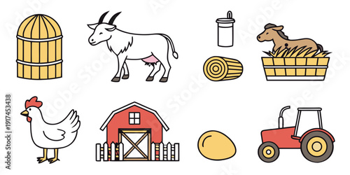 A delightful illustration showcasing various farm animals and objects.