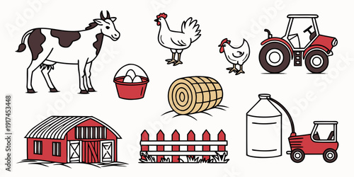 A vibrant farm scene with various animals and equipment.