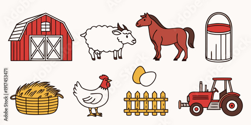 A vibrant farm scene featuring various animals and farm equipment
