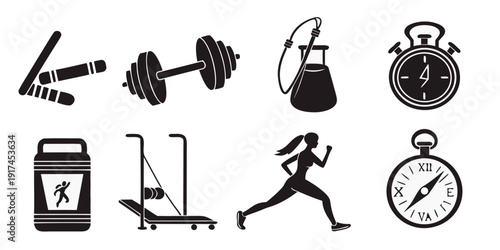 A diverse collection of fitness and health-related icons and symbols