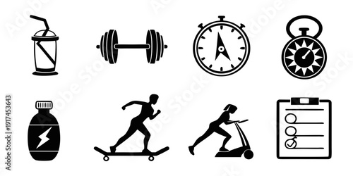 A collection of icons representing fitness, exercise, and personal training activities