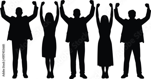 Silhouettes of people raising fists in unity, vector illustration representing solidarity, empowerment, protest, teamwork, and collective action themes