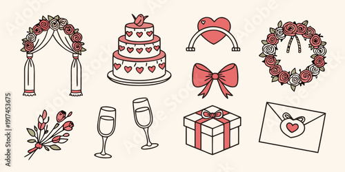 A delightful assortment of wedding-themed icons and illustrations