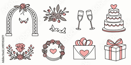 A delightful collection of wedding-themed icons and illustrations