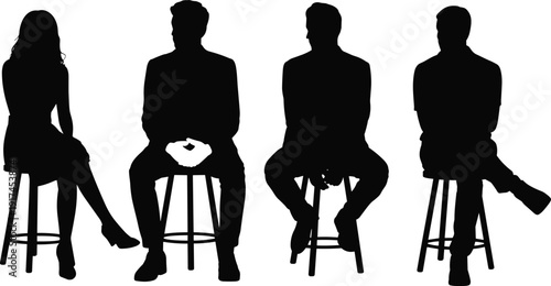 PrintSilhouettes of people seated on stools in varied attire and postures, vector illustration representing diversity, fashion, and social interaction themes
