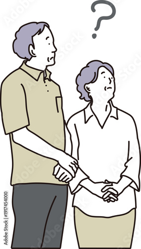 斜め上を見て考えるシニア夫婦のイラスト素材