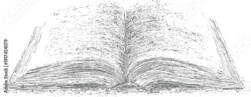 Open antique book with textured pages and grey ink style vintage