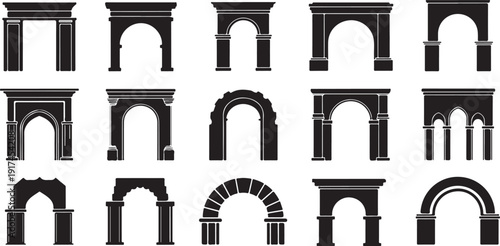 Collection of various architectural arches and doorways in black