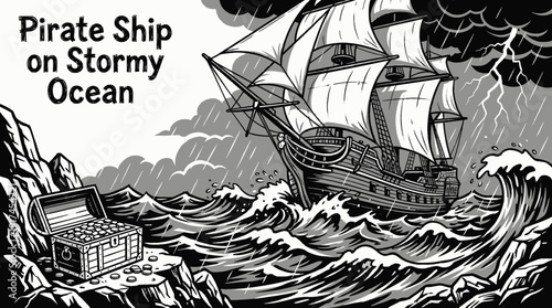 pirate ship sailing on a stormy ocean with visible treasure chest gold coins and dramatic waves detailed black and white vector adventure danger exploration and classic pirate storytelling