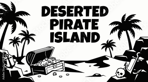 black and white vector scene showing a deserted pirate island with palm trees buried treasure and sandy landscape representing survival exploration and classic treasure hunt themes