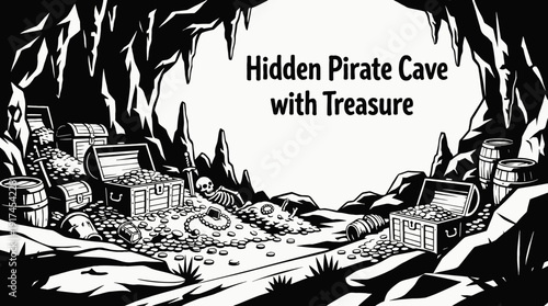 hidden pirate cave filled with treasure chests gold coins and rock formations black and white vector scene featuring representing secret locations mystery and treasure hunting adventure
