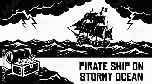 pirate ship sailing on a stormy ocean with visible treasure chest gold coins and dramatic waves detailed black and white vector adventure danger exploration and classic pirate storytelling