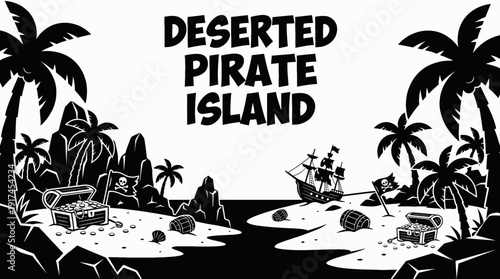 deserted pirate island with palm trees buried treasure and sandy landscape representing survival exploration and classic treasure hunt themes