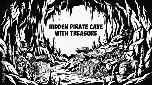 hidden pirate cave filled with treasure chests gold coins and rock formations black and white vector scene featuring representing secret locations mystery and treasure hunting adventure