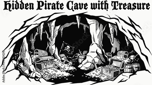 hidden pirate cave filled with treasure chests gold coins and rock formations black and white vector scene featuring representing secret locations mystery and treasure hunting adventure
