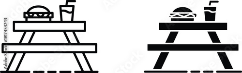 Silhouettes of picnic tables with food items including hamburger and drink, vector illustration for outdoor dining, leisure, and park furniture themes