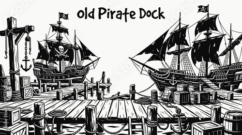 old pirate dock with wooden ships barrels ropes and maritime elements black and white vector scene showing representing trade smuggling and pirate lifestyle environment