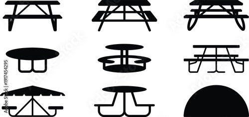 Silhouettes of picnic tables in rectangular, round, and modern styles with umbrellas, vector illustration for outdoor seating, garden furniture, and park design