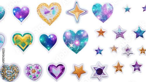 A colorful collection of heart and star stickers on transparent background