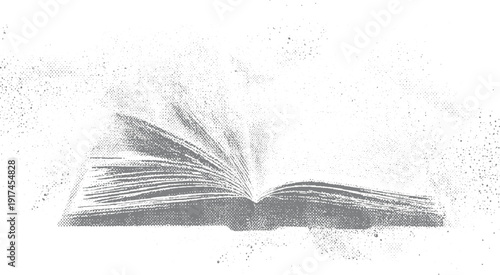 Open book with pages fanning out in a halftone dot pattern against a white background spread
