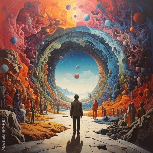 A surreal vista with figures facing an expansive archway between vibrant cloudscapes and a tranquil sky in the distance