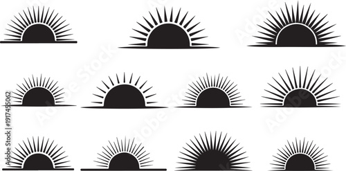 Sunrise Silhouette Icons Set in Black and White Colors