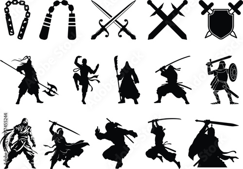 A dynamic collection of flat design ninja icons, illustrating various stealthy warrior poses and traditional martial arts weapons for action-themed graphic projects.Ninja warrior vector illustration 