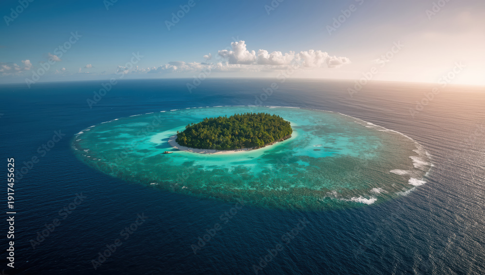 Obraz premium Tropical island lagoon with white sand and turquoise water at sunset
