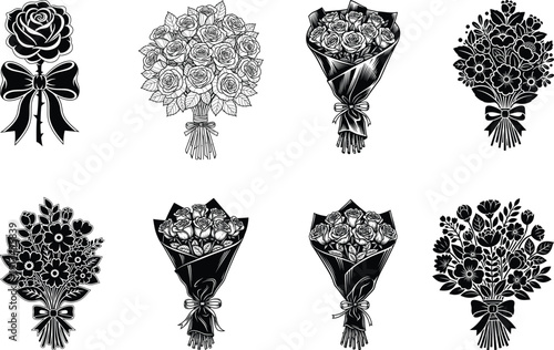 Eight bouquet flower arrangements in silhouette on white background