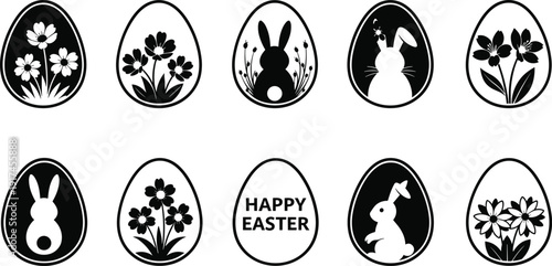 Easter eggs with bunny and flower silhouettes for spring decor