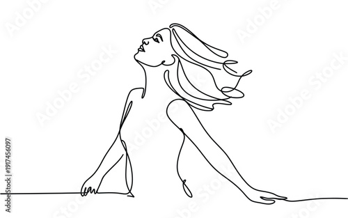 Joyful Woman with Flowing Hair One Line Art