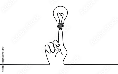 Hand pointing to a glowing lightbulb in single line art concept