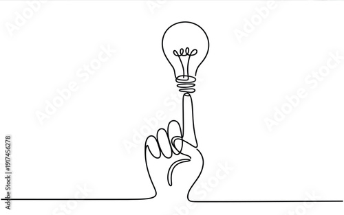 Hand pointing at lightbulb in continuous one line art style