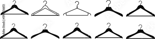 Clothes hanger silhouette set in different styles isolated on white background, wardrobe storage collection
