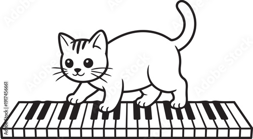 Cute cat walking playfully on a full piano keyboard silhouette black vector
