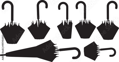 Collection of black umbrella silhouettes in various shapes sizes