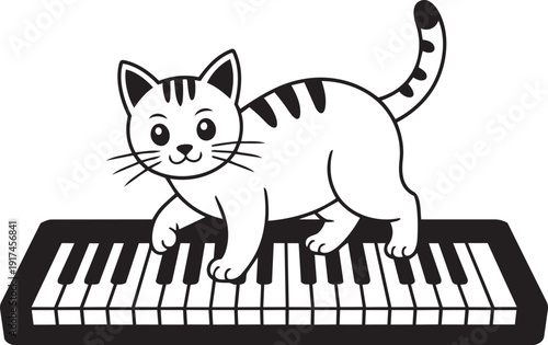 Cute cat walking playfully on a full piano keyboard silhouette black vector