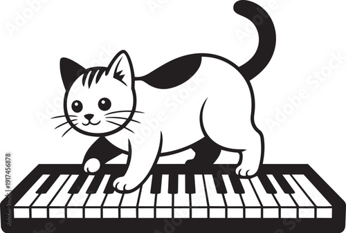 Cute cat walking playfully on a full piano keyboard silhouette black vector