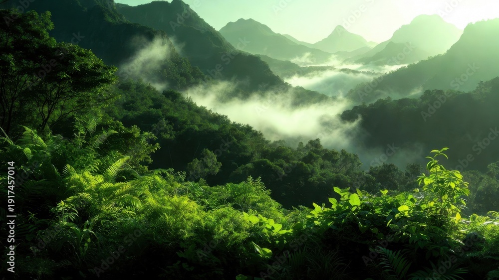 Obraz premium Lush green rainforest valley with misty mountains at sunrise.