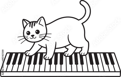 Cute cat walking playfully on a full piano keyboard silhouette black vector