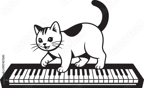 Cute cat walking playfully on a full piano keyboard silhouette black vector