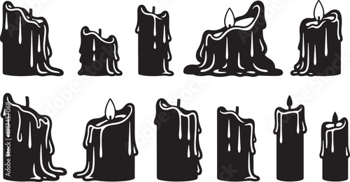 Black and white illustration of melting candles in various shapes