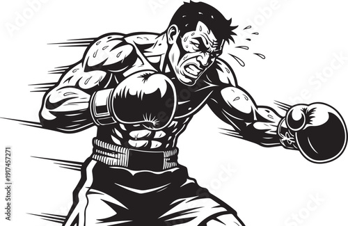 A powerful boxer delivering a strong punch with intense focus and determination isolated on white background