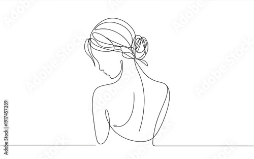 Continuous line drawing of a elegant woman's back with hair bun
