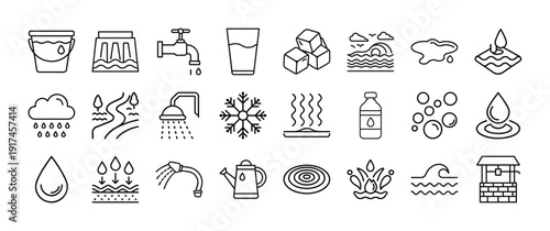 Outline Water Icon Set in Line Art Style for Drop, Wave, Glass, Bottle, Tap, Hydration, Clean Drinking Water, and Digital Interface Design
