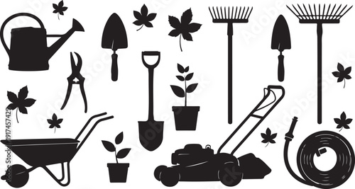 Assorted gardening tools and equipment in black and white illustration isolated on white background