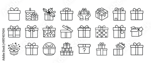 Various gift boxes with bows and ribbons in different styles