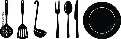 Kitchen utensil and plate silhouette set including spoon, fork, knife and ladle isolated on white background