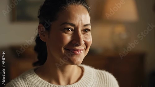 Wallpaper Mural A beautiful woman with a genuine smile and warm expression wearing a comfortable white sweater indoors Torontodigital.ca