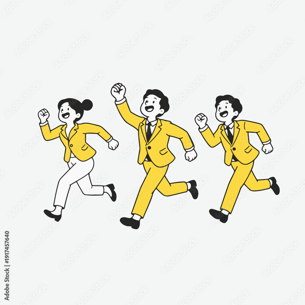 Fototapeta premium Three Business People Running Together in Yellow Suits.